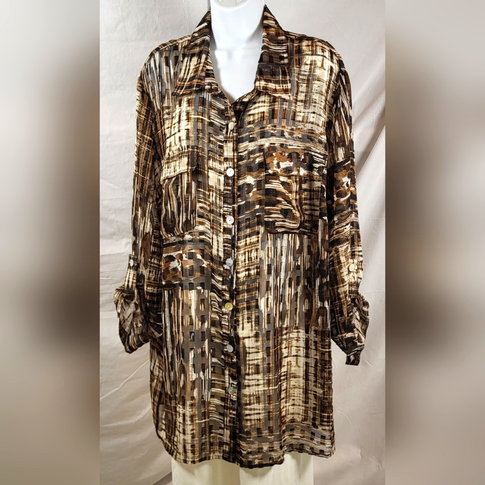 RUBY RD. Sheer Brown Abstract Print Button Up Shirt Jacket - Size 20W or 2X
